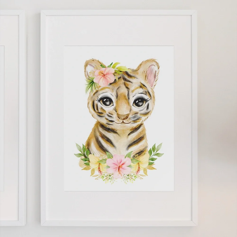 Cute Watercolor Floral Tiger Wall Art Print Poster Unframed - Picture 3 of 9